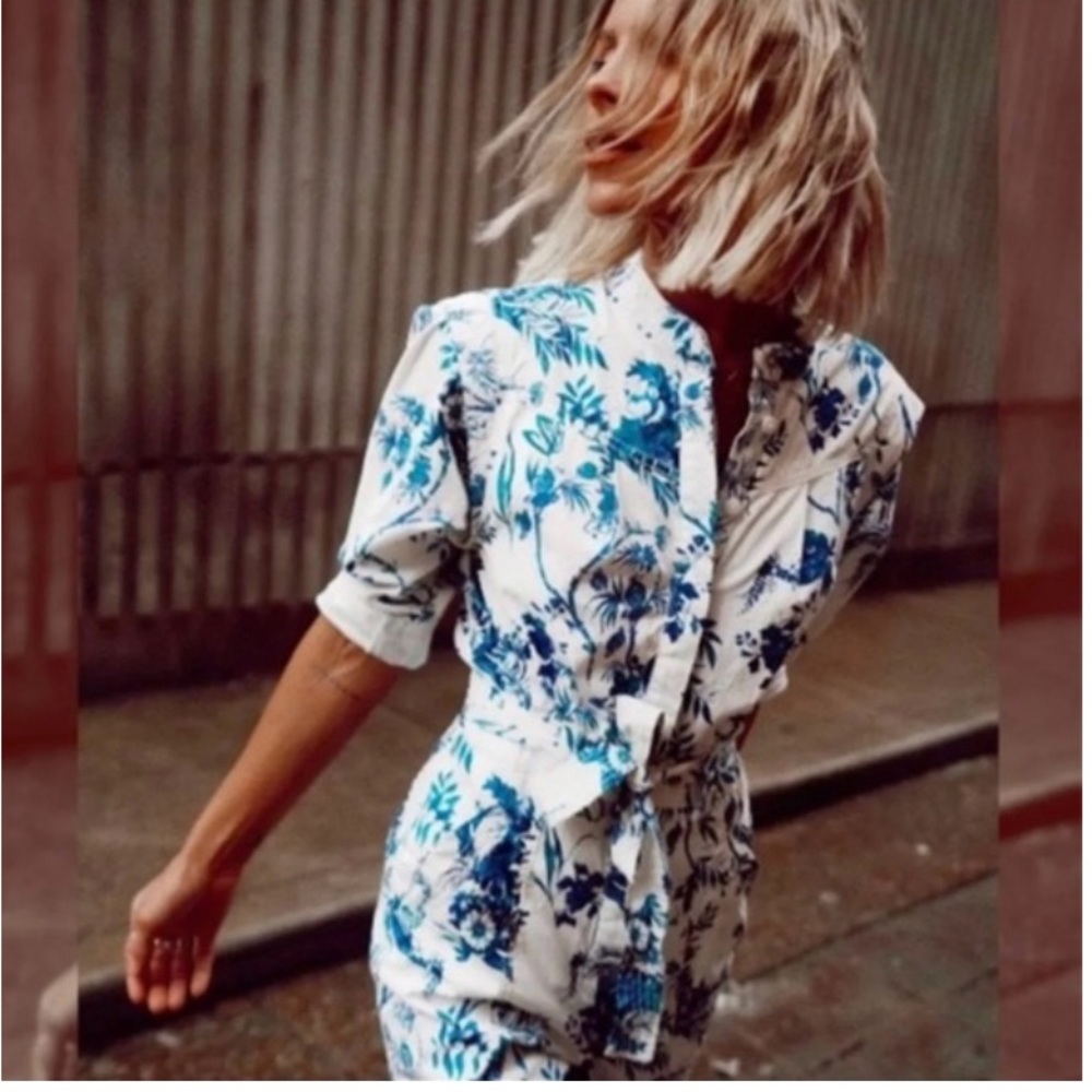 Anthropologie White & Blue Floral Short-Sleeve Jumpsuit